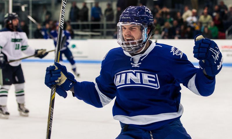 A hockey player in a blue jersey celebrates a goal